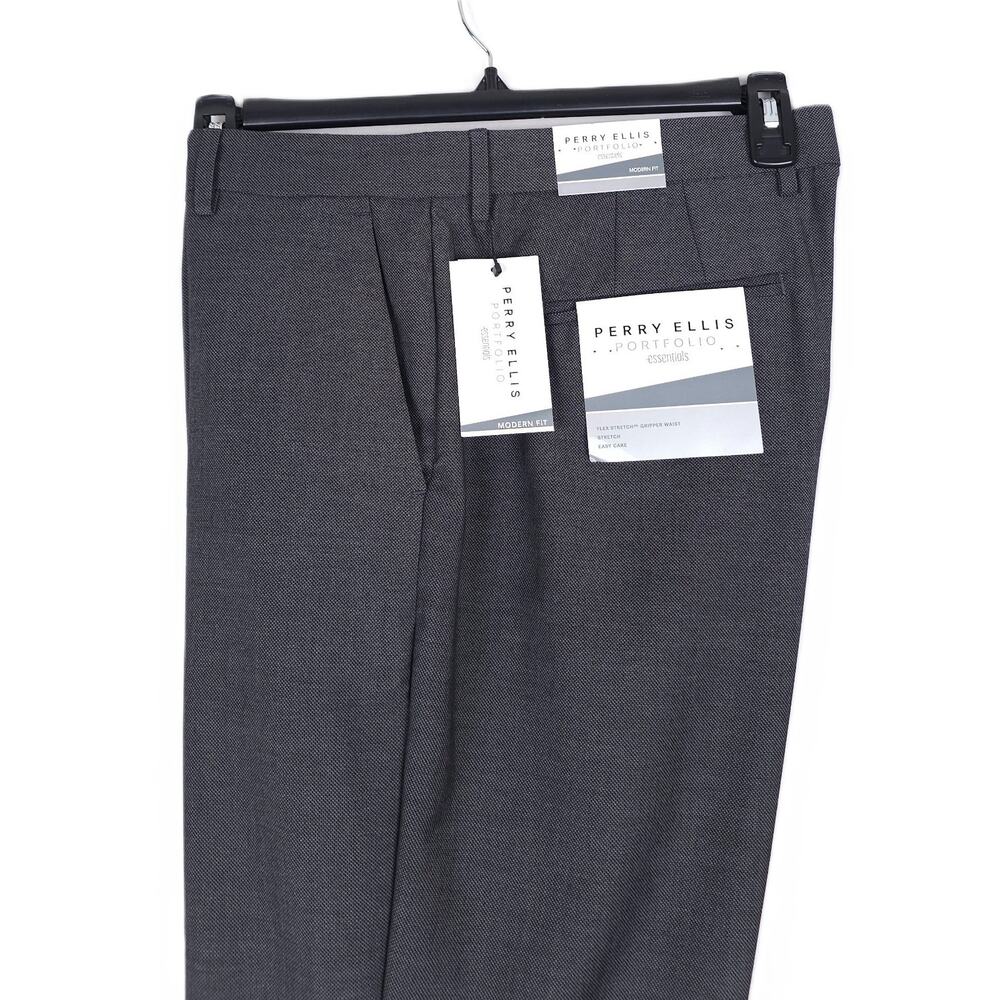Perry Ellis Mens Modern Fit Dress Pants 38x32 Black Solid Birdseye Stretch NWT